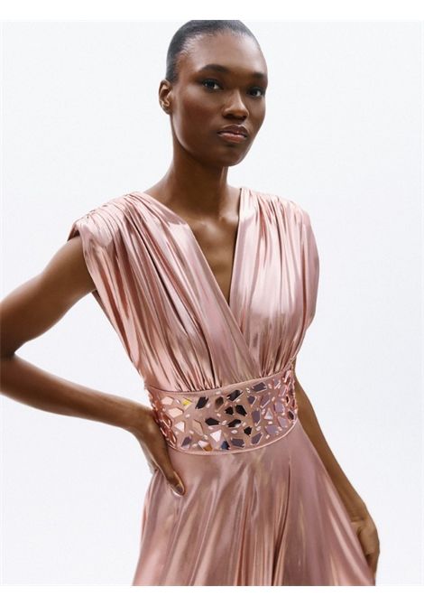 Metallic pink V-neck maxi dress with crystal belt ALLURE | dress | A4766DUSTY PINK
